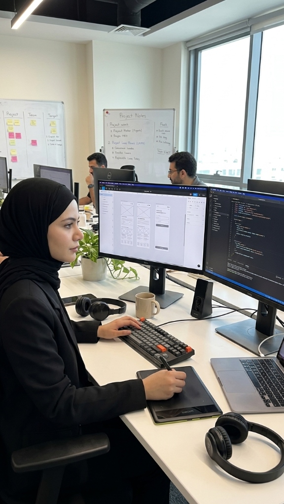 Ghasaq Waleed working at her workstation — dual monitors showing UI wireframes and code